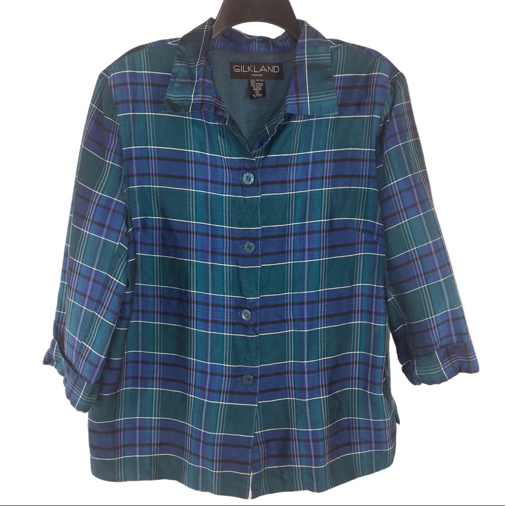 100% Silk Navy Plaid Jacket, Size 1X